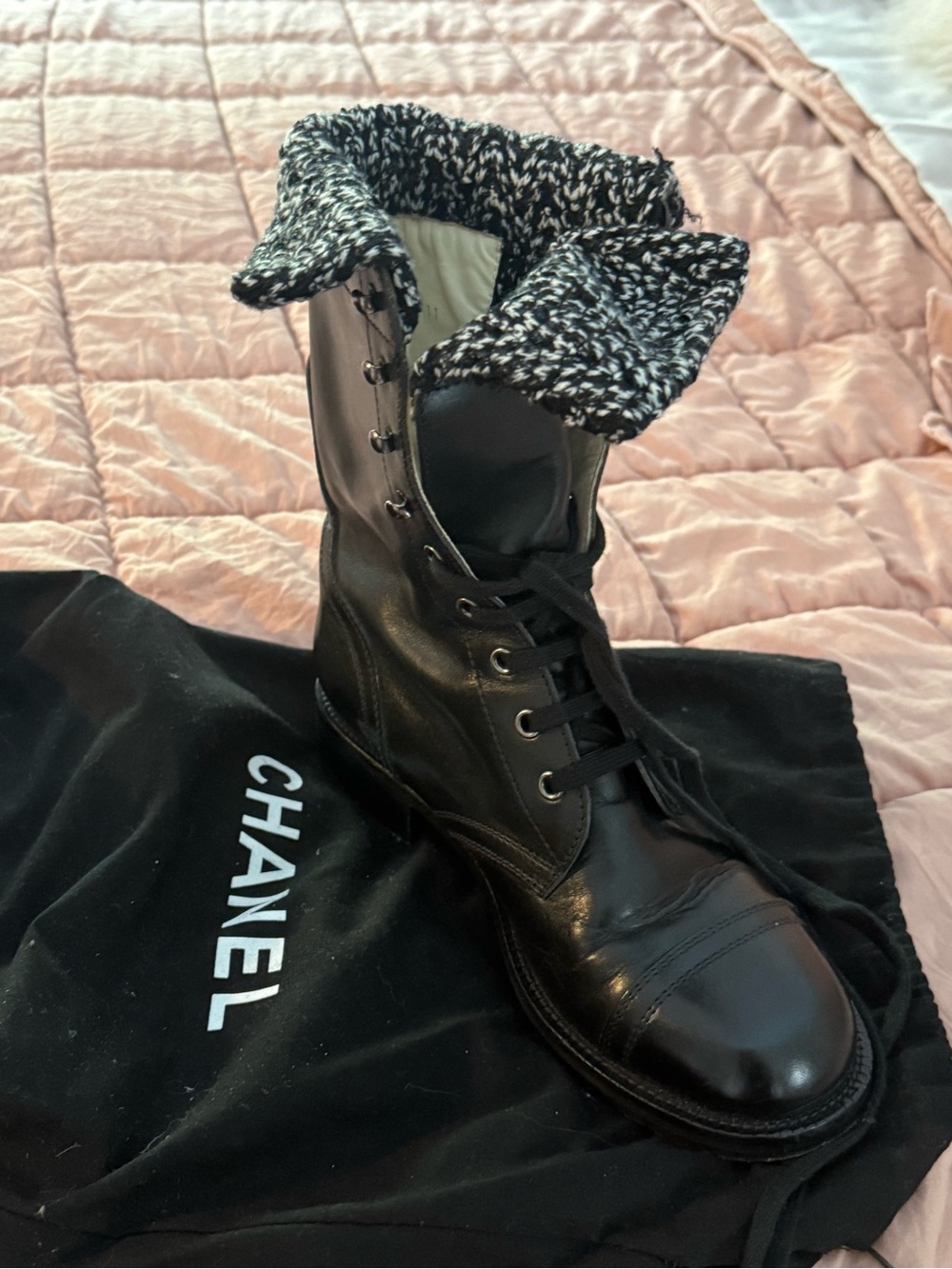 CHANEL Black Leather women’s Lace-Up Boot with Black & White Knit Cuff